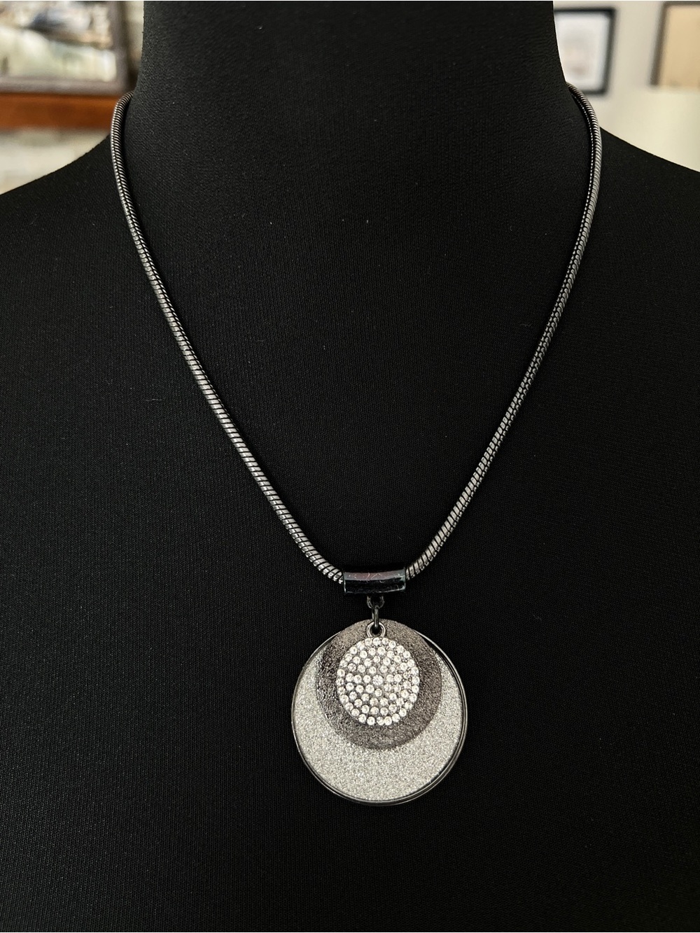 Silver-Tone Disc Pendant Necklace with Crystal Center
